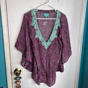 swim cover-up kaftan with batwing sleeves and an embroidered V-neck beaded silk